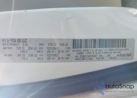 2017 Dodge Grand Caravan Sxt z USA, uszkodzony, nr VIN 2C4RDGCG6HR566887